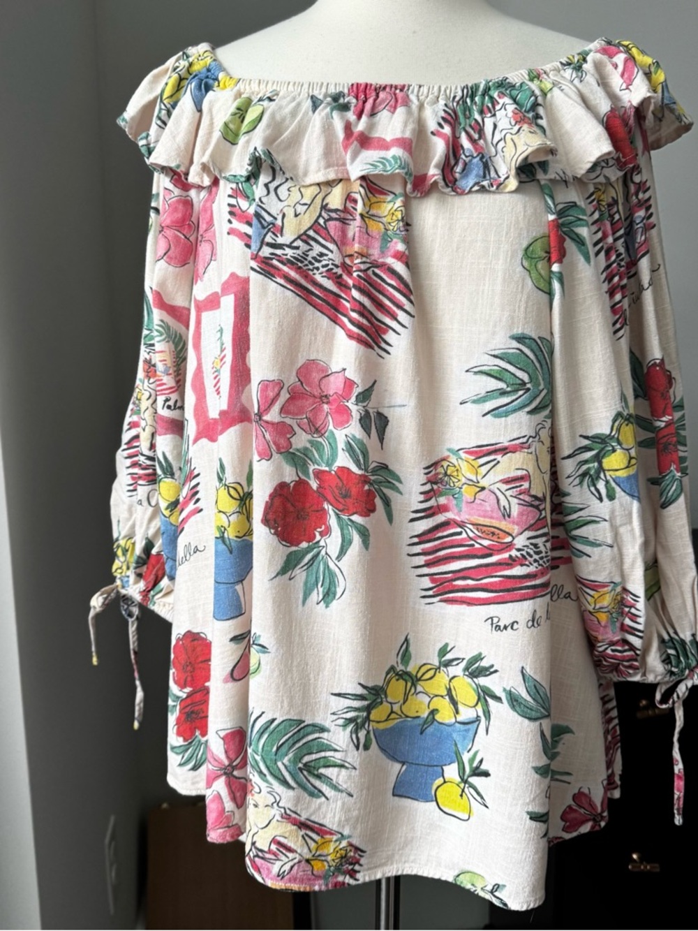 VRGK Size 6 Off Shoulder Barcelona Print Dress Ruffle Tropical Boho Linen Blend